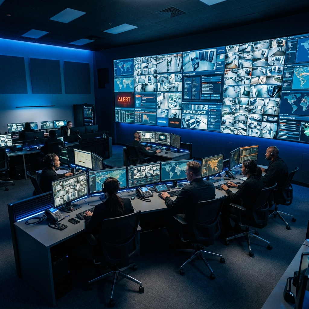 Modern security operations center with monitoring screens