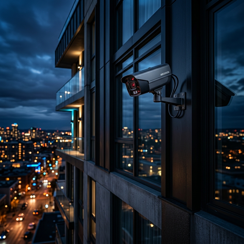 Advanced CCTV security camera system on a modern building at dusk
