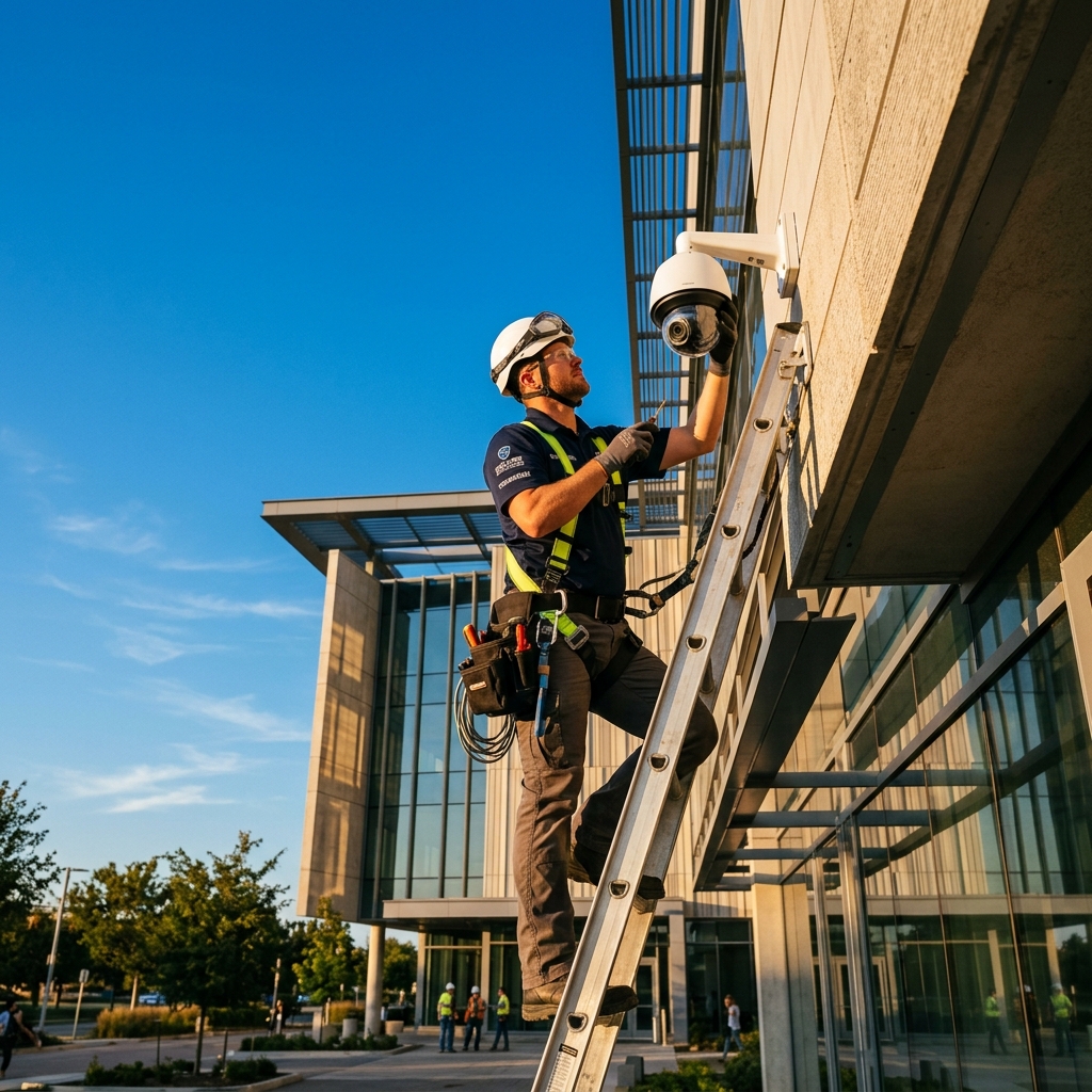 Professional technician installing security camera